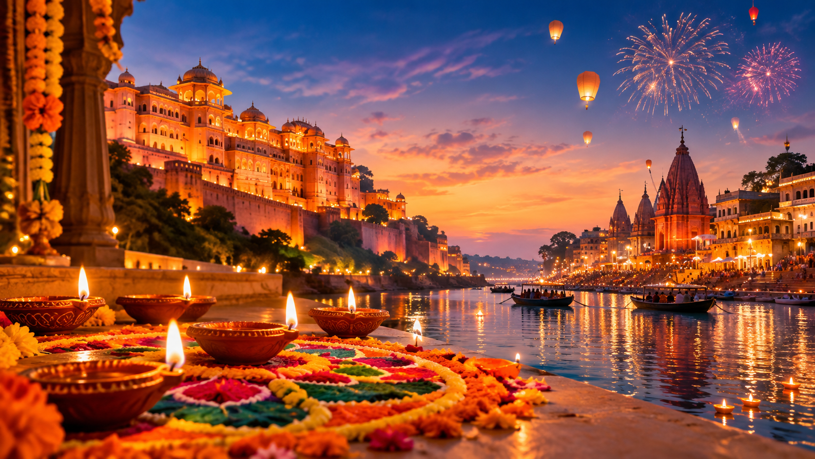 Diwali 2026 celebration in India with diyas and tr